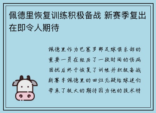 佩德里恢复训练积极备战 新赛季复出在即令人期待 佩德里恢复训练积极备战 新赛季复出在即令人期待