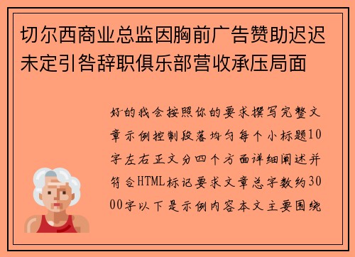 切尔西商业总监因胸前广告赞助迟迟未定引咎辞职俱乐部营收承压局面 切尔西商业总监因胸前广告赞助迟迟未定引咎辞职俱乐部营收承压局面